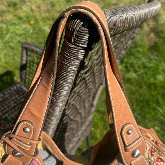 Miriam’s Fossil Patchwork Stripe Hobo 💚🧡💛Purse Bag Tote W/Leather Trim 👜 - Picture 3 of 12